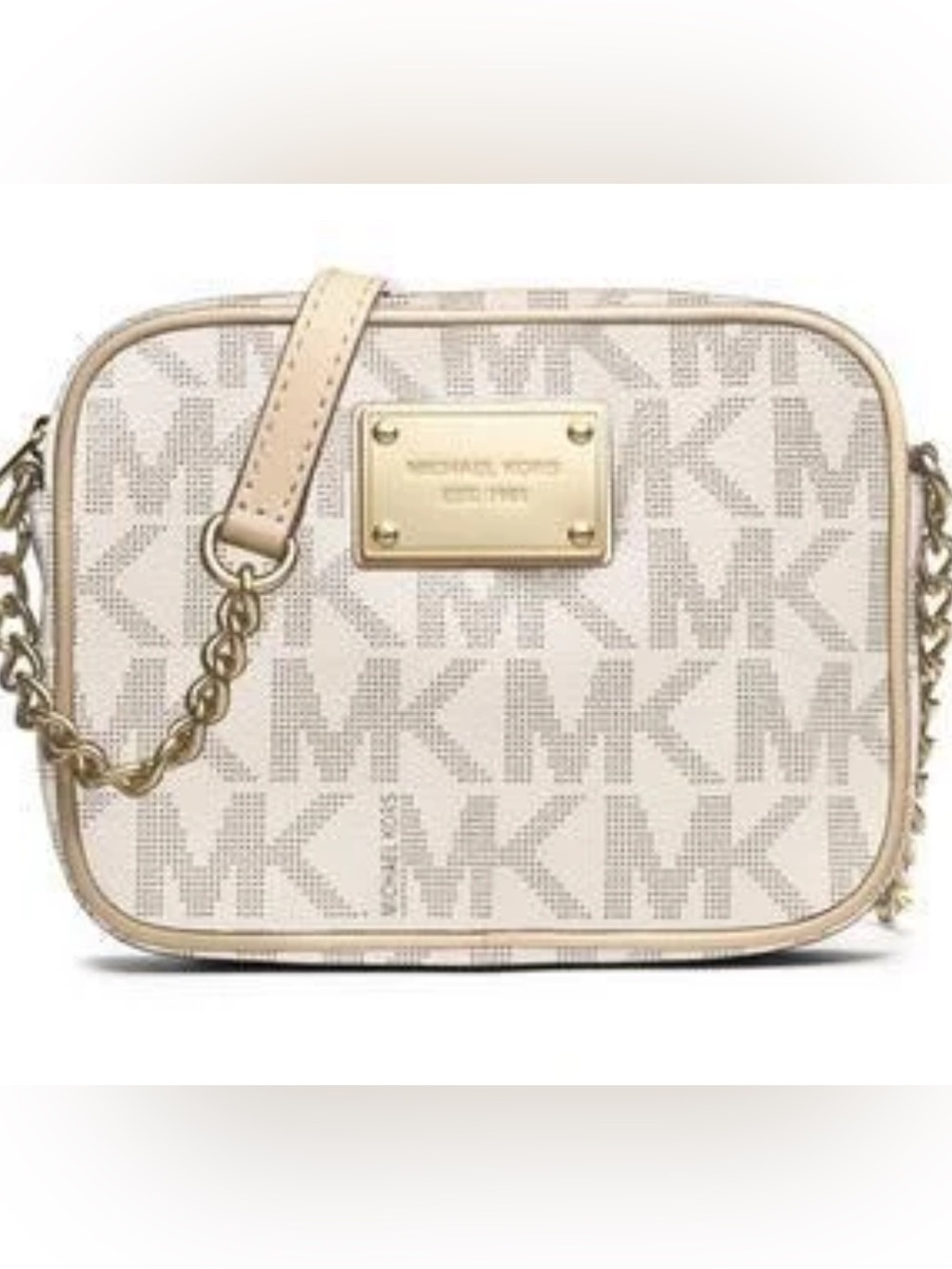 Michael Kors Beige Logo Crossbody with Gold Plaque
